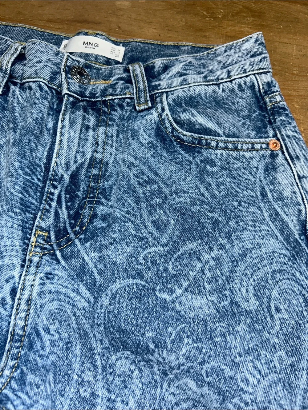 MNG Mango Women’s Paisley Print Straight Leg Jeans Size 2 High Rise Blue Denim - Picture 9 of 11